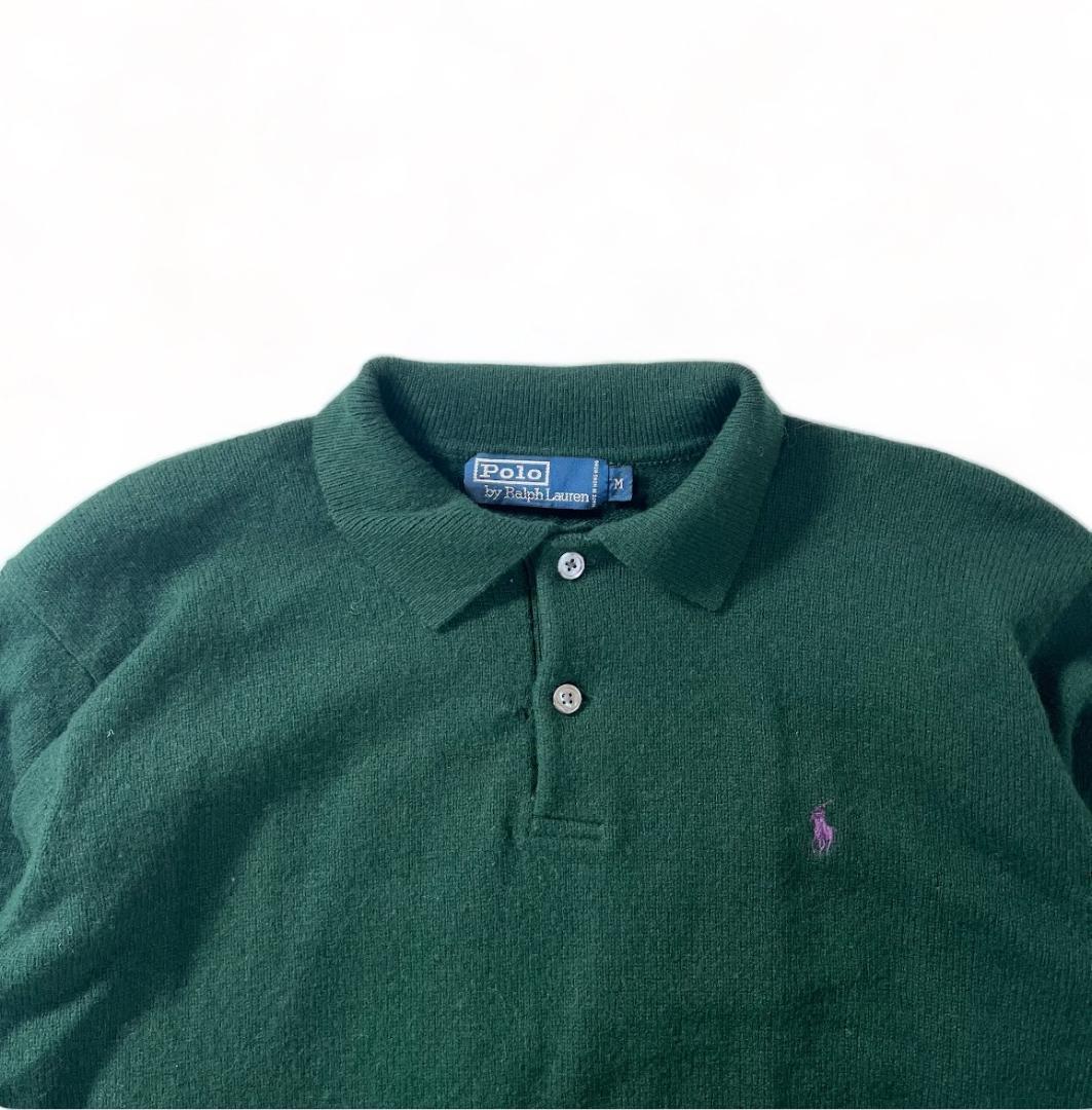 90s polo ralph lauren ニットポロシャツ 長袖 グリーン_画像5