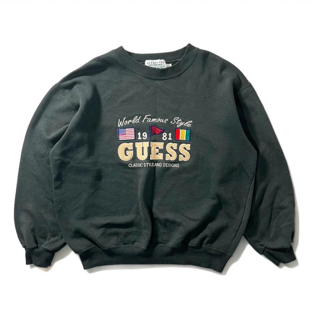 90s GUESS ゲス ヴィンテージ 古着 スウェット 国旗 ロゴ 刺繍
