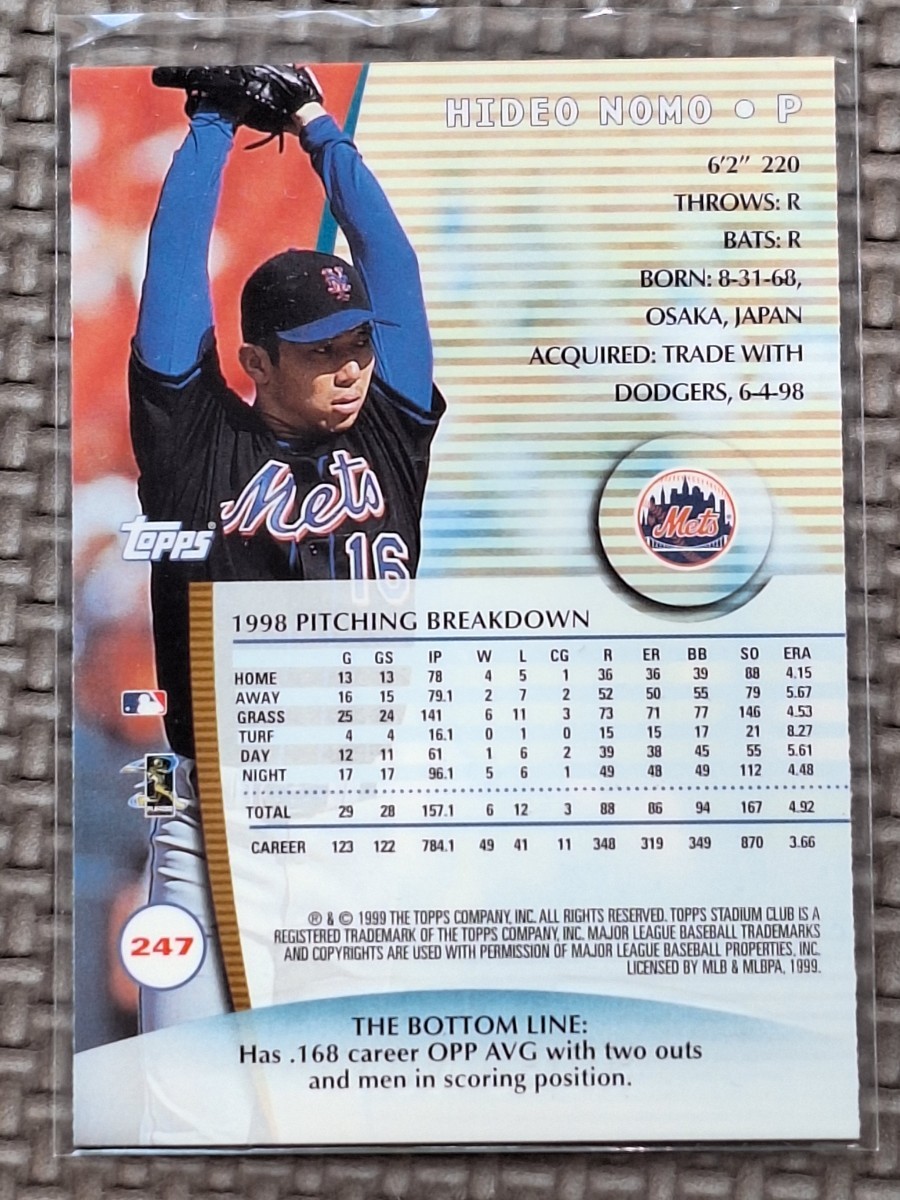 1999 Topps Stadium Club #247 HIDEO NOMO New York Mets Los Angeles Dodgers_画像2