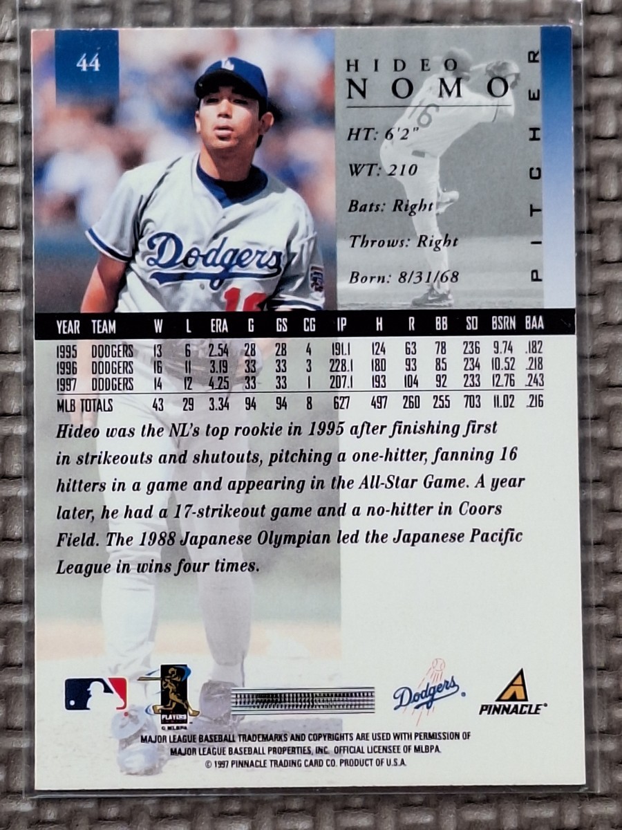 1998 Pinnacle #44 HIDEO NOMO Los Angeles Dodgers_画像2