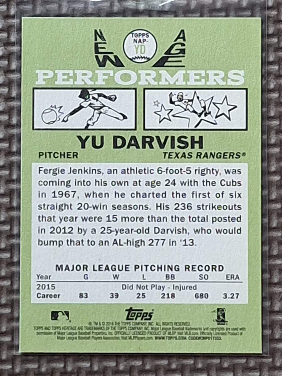 2016 Topps Heritage #NAP-YD YU DARVISH New Age Performers Texas Rangers Hokkaido Nippon Ham Fighters_画像2