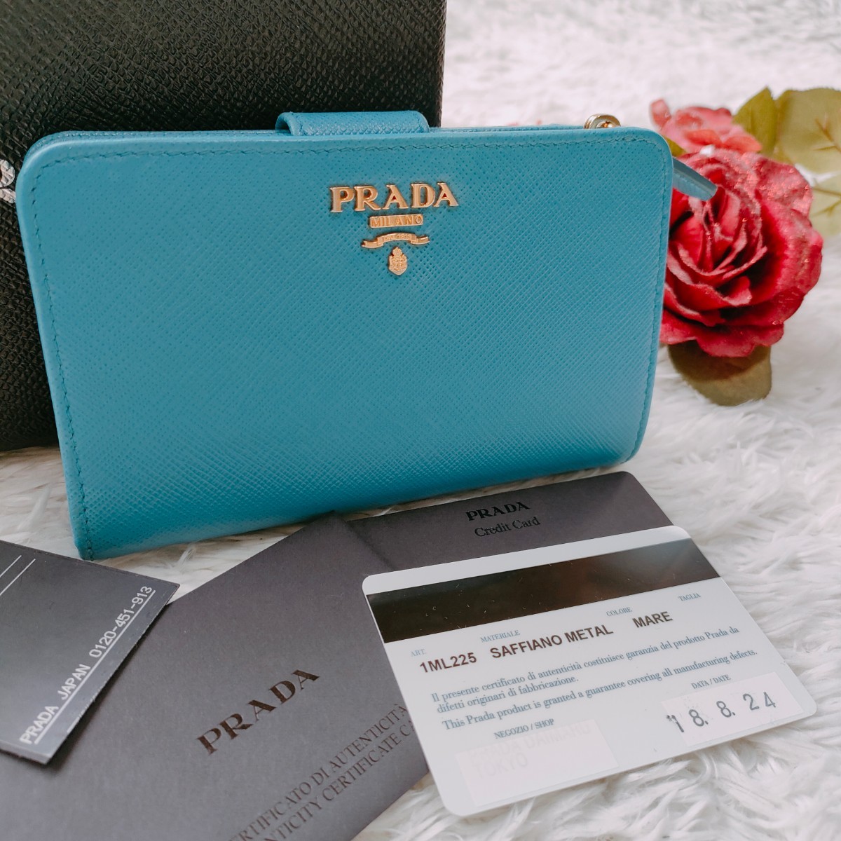 極美品 PRADA プラダ サフィアーノ メタル L字ファスナー 二つ折り 折