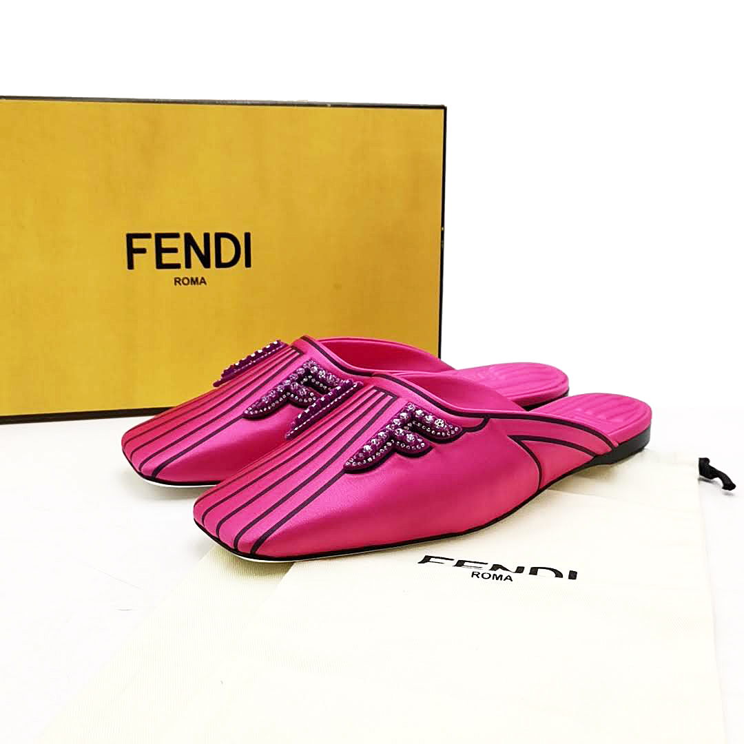 送料無料 超美品 フェンディ FENDI フラットシューズ サンダル サテン 伊製 36 23cm相当 ピンク系 レディース_画像1