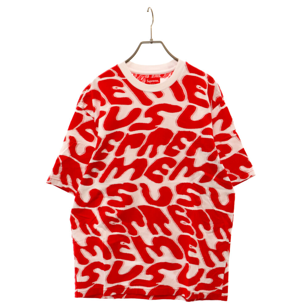 SUPREME シュプリーム 23SS Stacked Intarsia S/S Top スタックインターシャ ロゴ総柄プリント半袖Tシャツ レッド/ホワイト