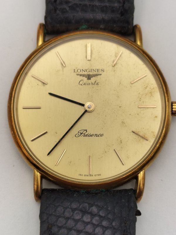 J75 1円～ 不動品 ロンジン LONGINES プレザンス PRESENCE クオーツ Quartz 腕時計 ゴールド文字盤 ステンレス メンズ 社外革ベルト_画像6