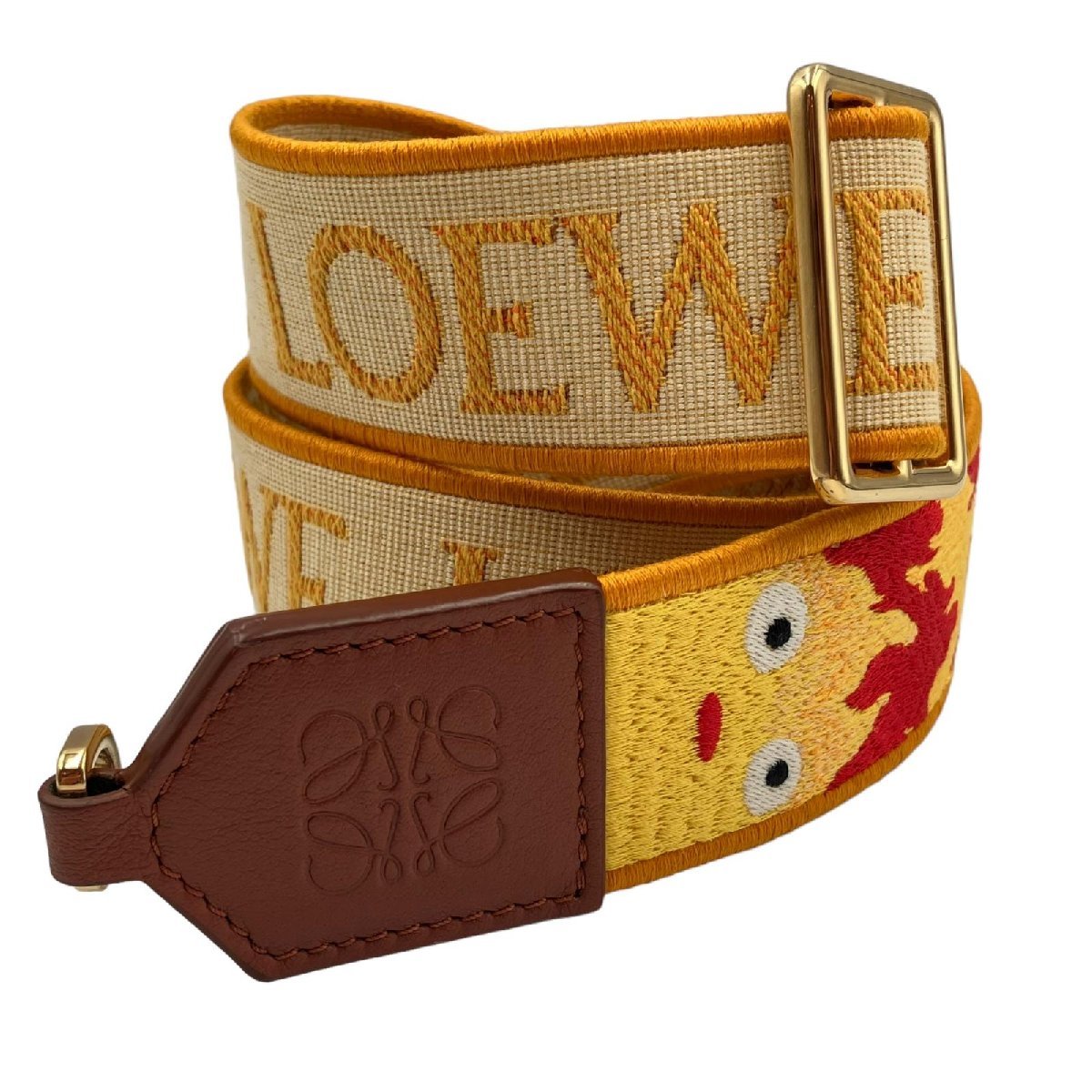 LOEWE ロエベ ショルダーストラップ ジブリ ハウルの動く城 カルシファー アナグラム キャンバス レザー イエロー系 美品 レア 希少_画像2