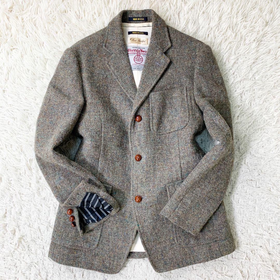 美品 Harris Tweed ミックスツイード 胡桃ボタン 3ピース セットアップ ジャケット ジレ ベスト スラックス HUNT BLATCHFORD メンズM_画像2