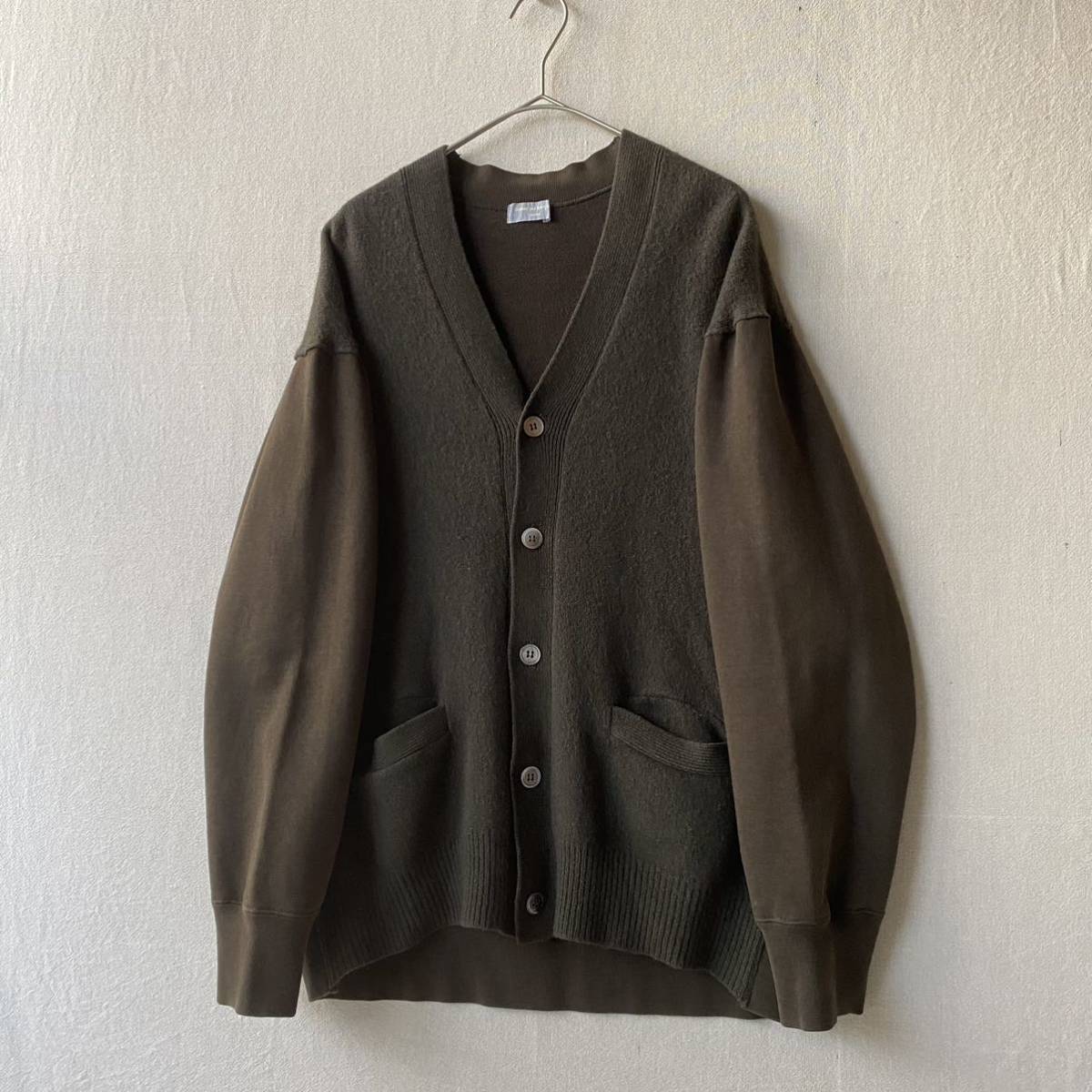 AD1998 COMME des GARCONS HOMME ドッキング カーディガン / 切替し スウェット ウール カーキ ニット ビンテージ 90s K3-12062-92059