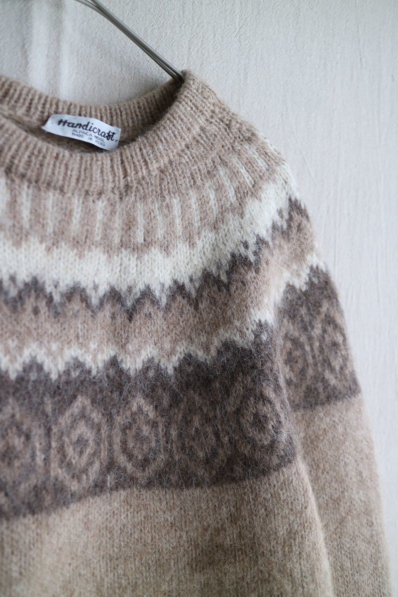 [100% alpaca ]pe Roo made Vintage nordic sweater / L wool Brown beige knitted euro Vintage K3-11046-1475