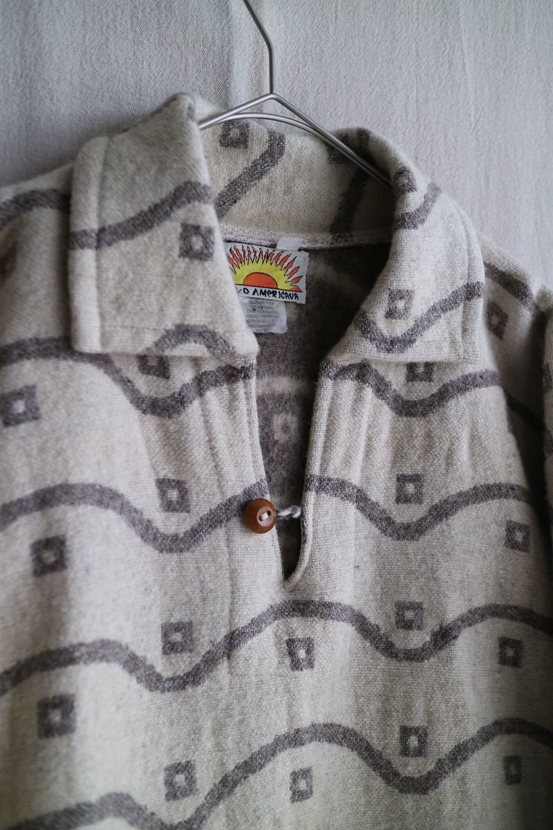 エクアドル製 Vintage プルオーバー ウール ジャケット / ベージュ 総柄 ドローコード 襟 セーター ビンテージ K4-01024-9363_画像3