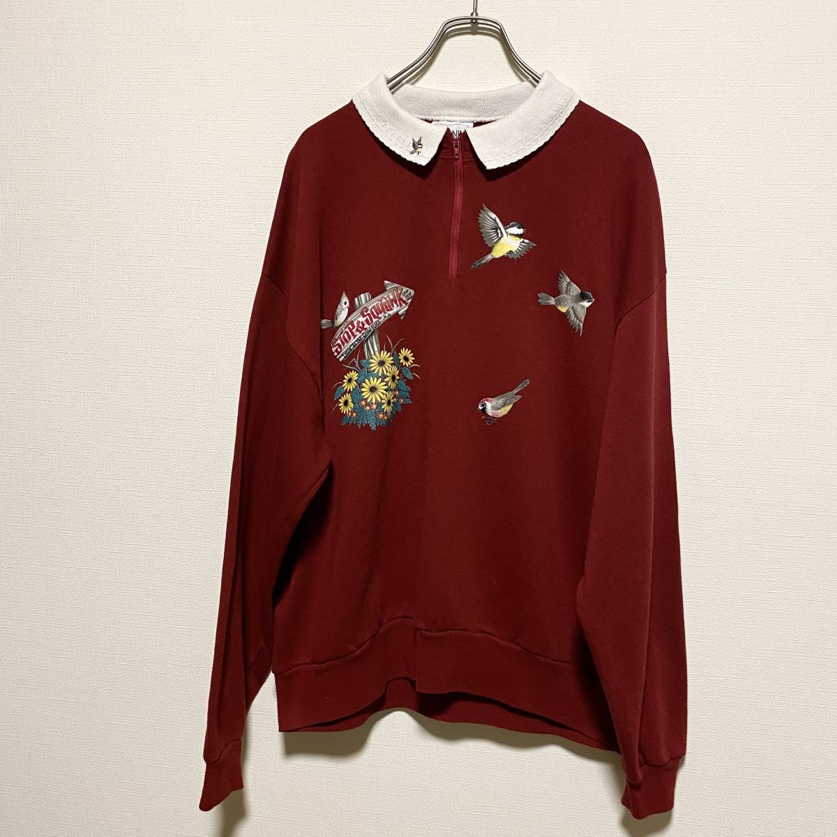  America old clothes 90s Vintage bird animal embroidery sweatshirt sweat collar attaching half Zip [R54]