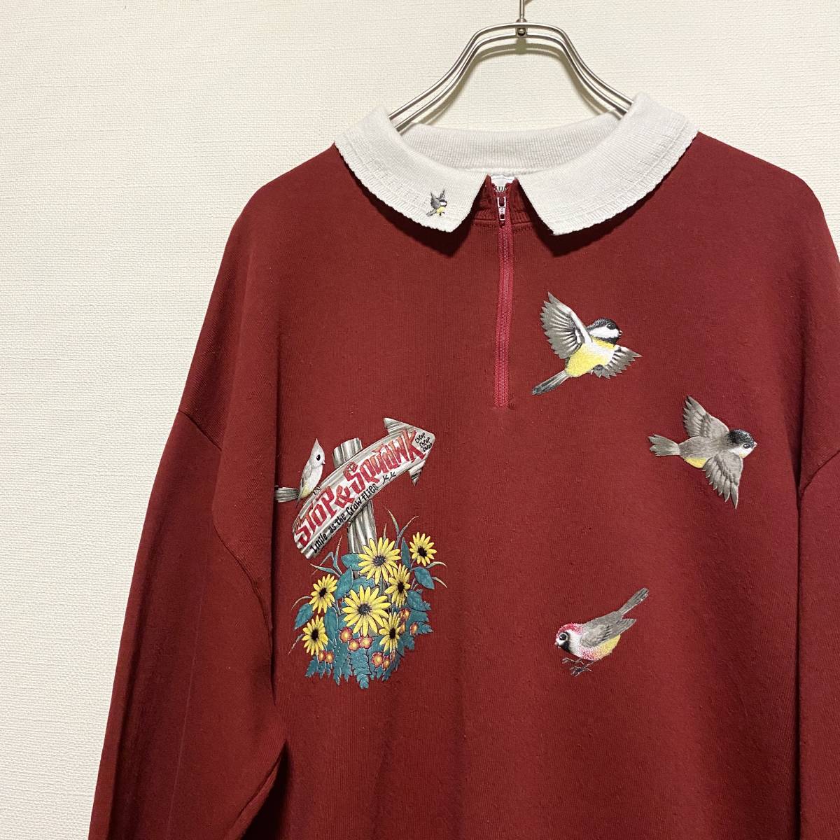  America old clothes 90s Vintage bird animal embroidery sweatshirt sweat collar attaching half Zip [R54]
