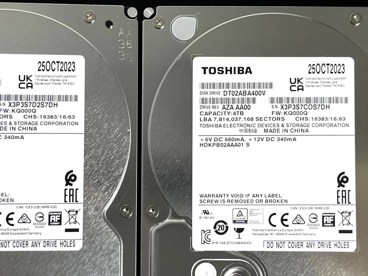 【送料無料】 2個セット ★ 4TB ★　DT02ABA400V　/　TOSHIBA 【使用時間：0 ｈ＆ 0 ｈ】 2023年製　新品 未使用　3.5インチ 内蔵HDD SATA_画像4