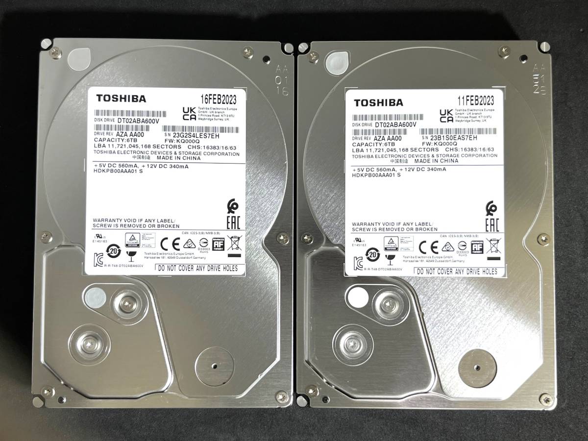 【送料無料】 　2個セット　★ 6TB ★　TOSHIBA　/　DT02ABA600V　【使用時間：16 ｈ＆15 ｈ】2023年製　新品同様 3.5インチ内蔵HDD SATA_画像1