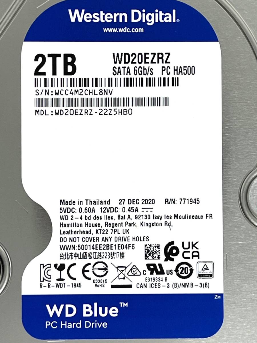 【送料無料】　★ 2TB ★　WD Blue　/　WD20EZRZ　【使用時間：1400ｈ】2020年製　良品　3.5インチ内蔵HDD　Western Digital Blue　SATA