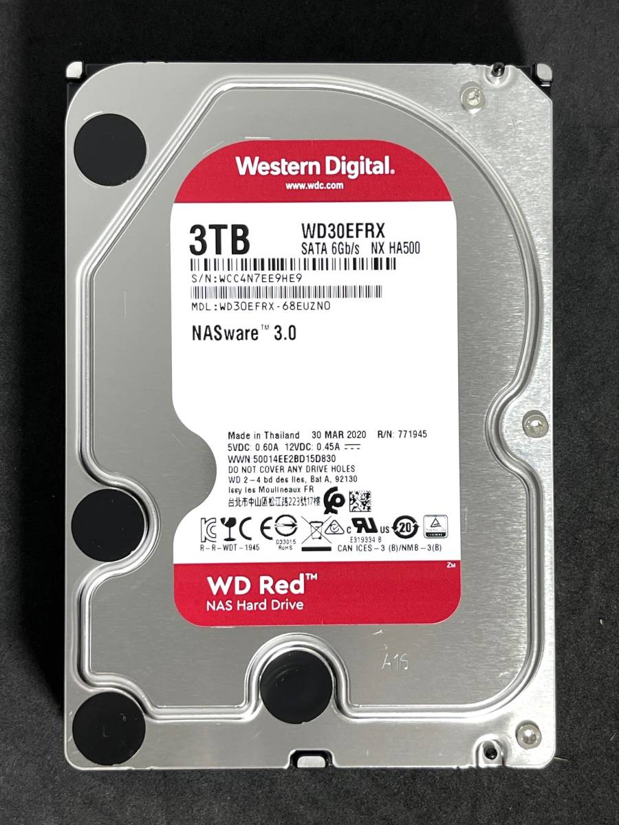 【送料無料】　★ 3TB ★　WD Red　/　WD30EFRX　【使用時間：8174ｈ】　2020年製　良品　Western Digital RED　3.5インチ内蔵HDD SATA