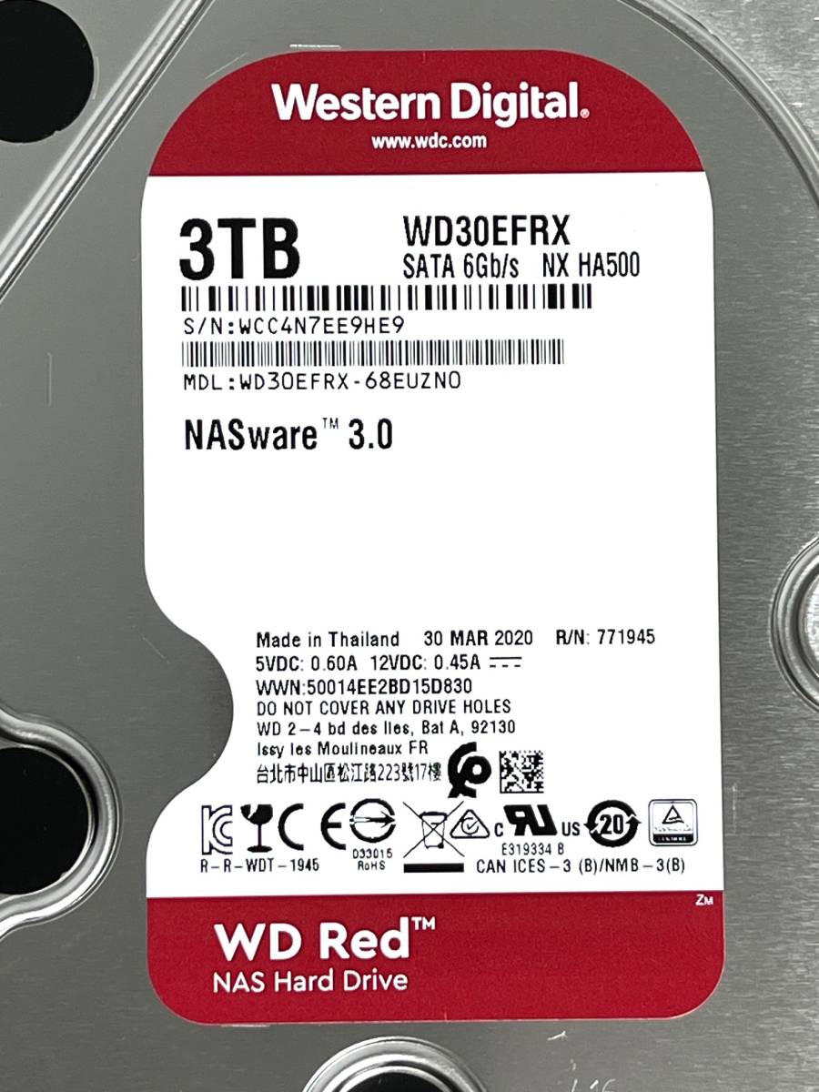 【送料無料】　★ 3TB ★　WD Red　/　WD30EFRX　【使用時間：8174ｈ】　2020年製　良品　Western Digital RED　3.5インチ内蔵HDD SATA