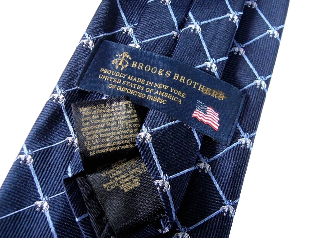 未使用【送料無料】ブルックスブラザーズ Brooks Brothers ネイビー織地 チェック & フリースロゴ刺繍 シルク ネクタイ Silk 100% 米国製_アウトレット専用品