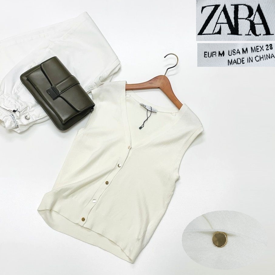 未使用品 /M/ ZARA ホワイト ニットベスト ノースリーブ レディース ゴールドボタン カジュアル トップス 通勤 大人可愛い白 デイリー ザラ