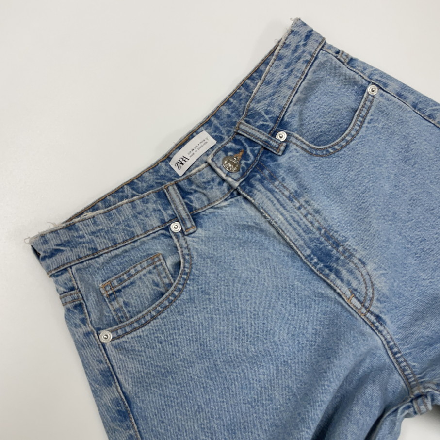 ☆ドイツ発*ZARA*新作*ベルテッドキュロットデニム/MID-BLUE☆ ZARA ブルー ハイライズキュロットジーンズ デニムパンツ
