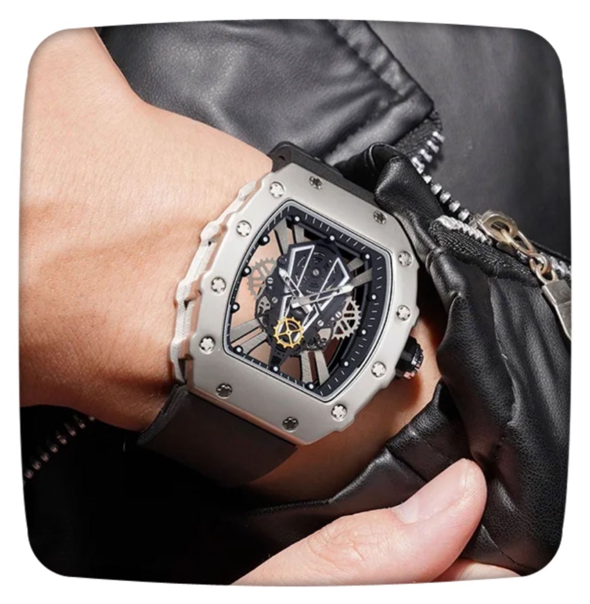 【新品 未使用】腕時計 オマージュ トノー リシャールミル メタル×ブラック　スケルトン