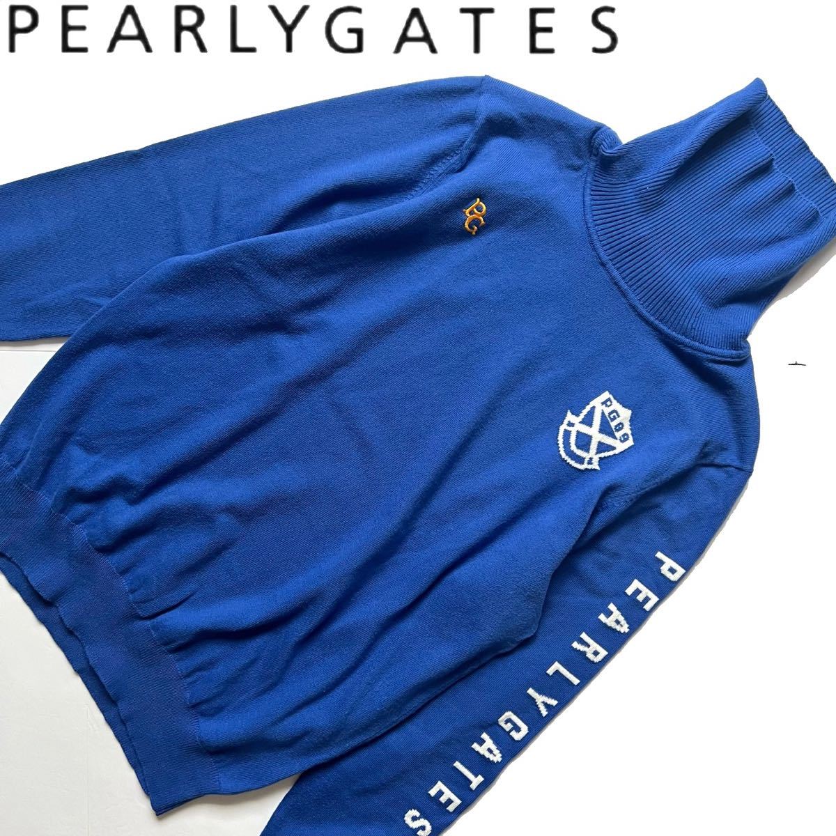 【送料無料】Pearly Gates パーリーゲイツ　タートルネック 腕ロゴ　ニット　メンズ　長袖　ブルー　青　ゴルフ　4 M 近年モデル_画像1