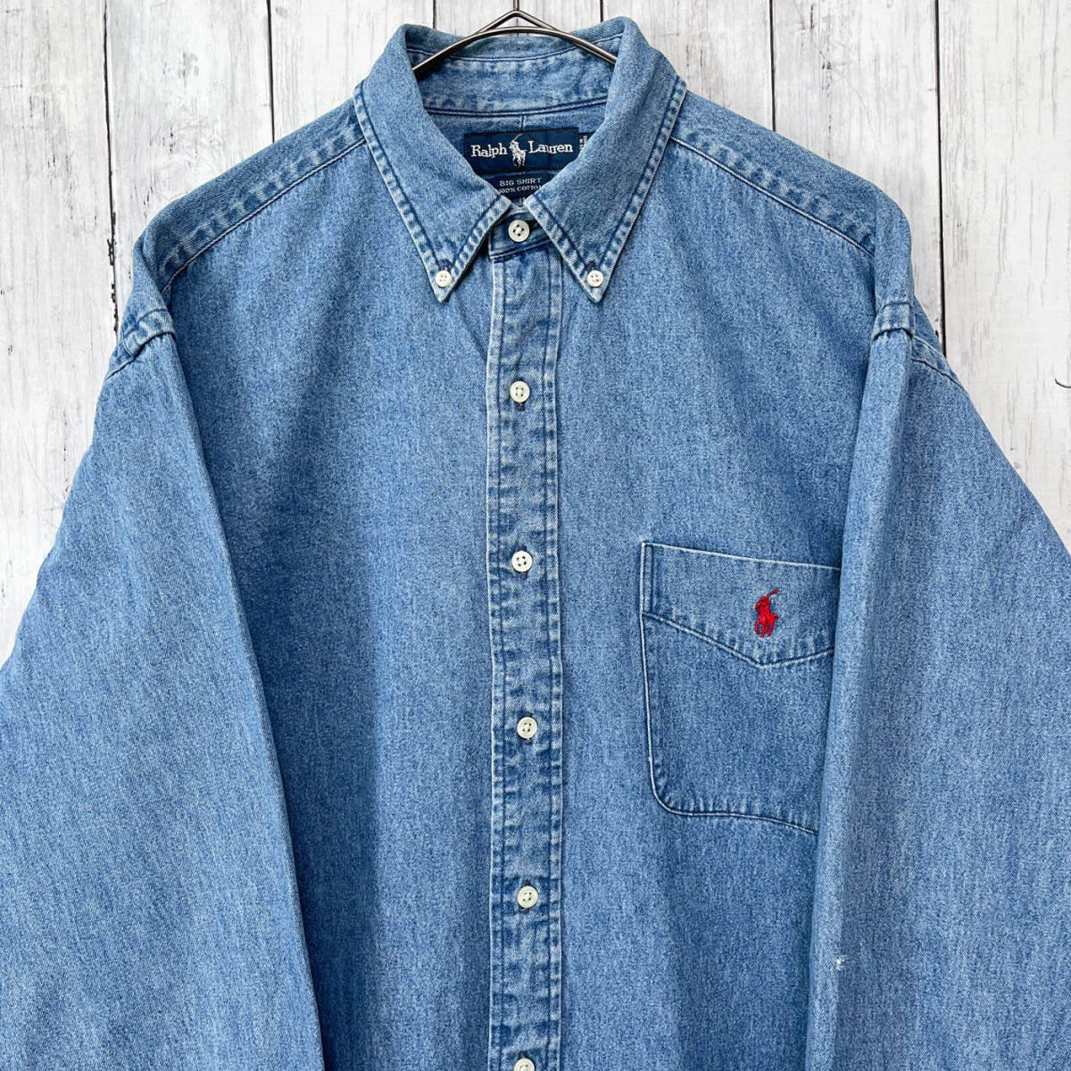 ラルフローレン Ralph Lauren BIG SHIRT デニムシャツ 長袖シャツ メンズ ワンポイント コットン100% Mサイズ 5‐258