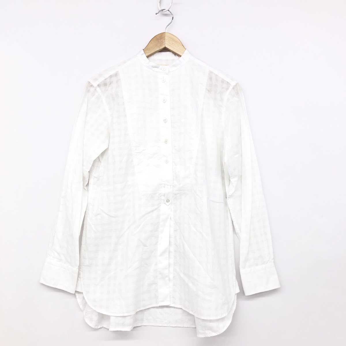 良好◆Drawer ドゥロワー チェックブザムスタンドカラーシャツ サイズ36◆ ホワイト コットン レディース トップス