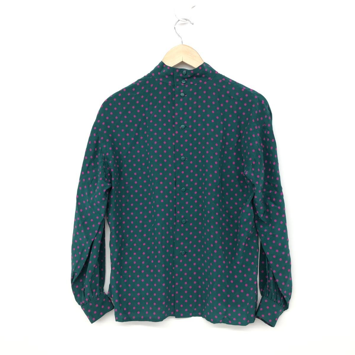 *Christian Dior Christian Dior silk long sleeve blouse M* green silk 100% lady's polka dot dot pattern tops 