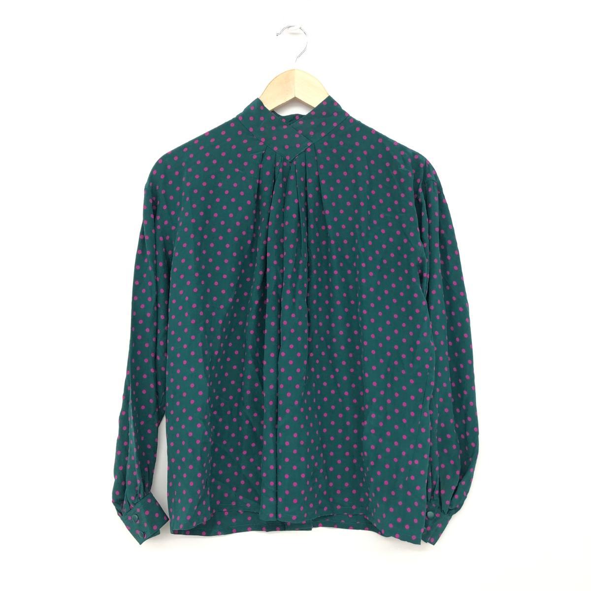 *Christian Dior Christian Dior silk long sleeve blouse M* green silk 100% lady's polka dot dot pattern tops 