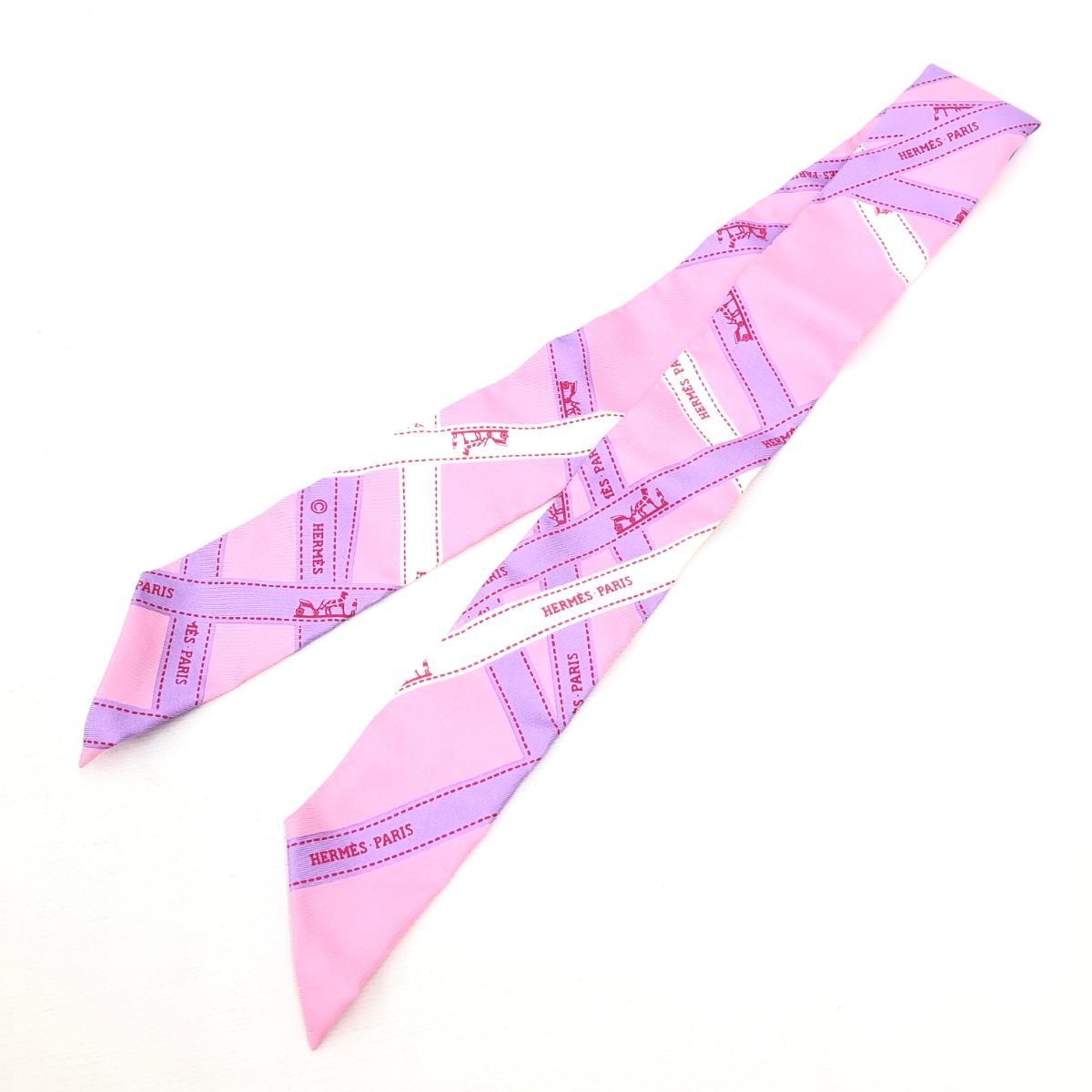 良好◆HERMES エルメス ツイリー◆ ピンク シルク100％ リボン レディース スカーフ カレ 絹 服飾小物