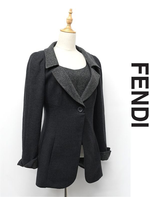 HGC-W084/ прекрасный товар FENDI tailored jacket безрукавка блуза твид общий обратная сторона 1. кнопка 46 XXL серебряный глянец большой размер Италия производства 