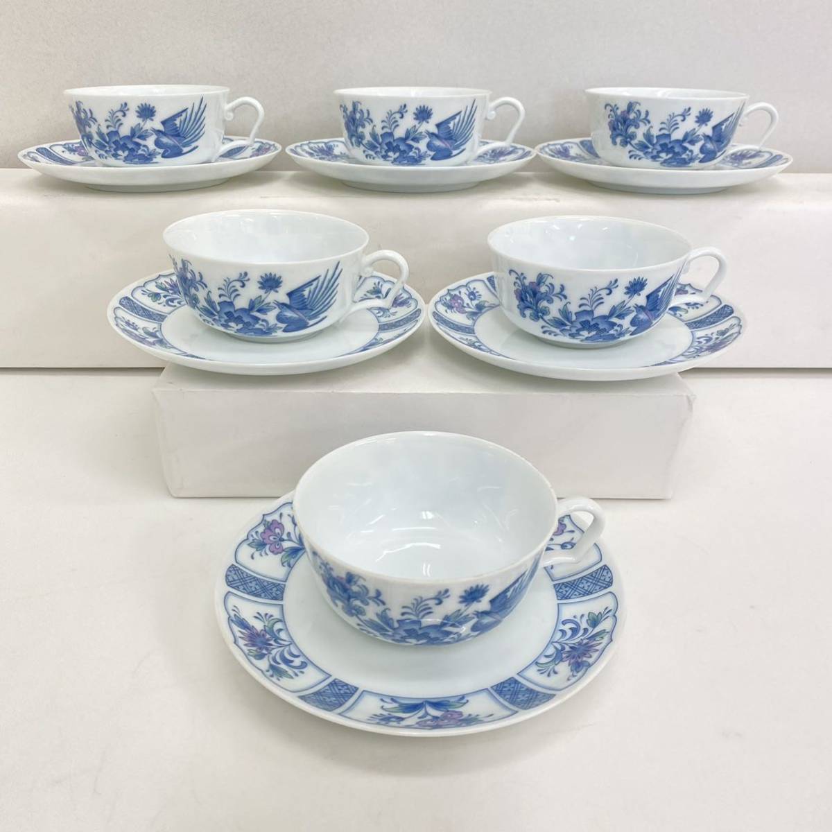 775 陶磁器 Noritake ノリタケ カップ＆ソーサー Studio Collection JAPAN 6客セット ブルー ティーカップ コーヒーカップ 花柄 _画像1