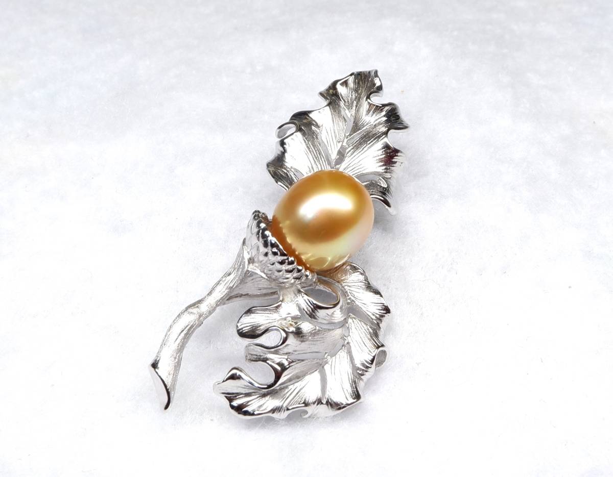 【遊び心のある真珠】新春セール：南洋白蝶ナチュラルゴールドのどんぐりブローチ♪／SV_画像1