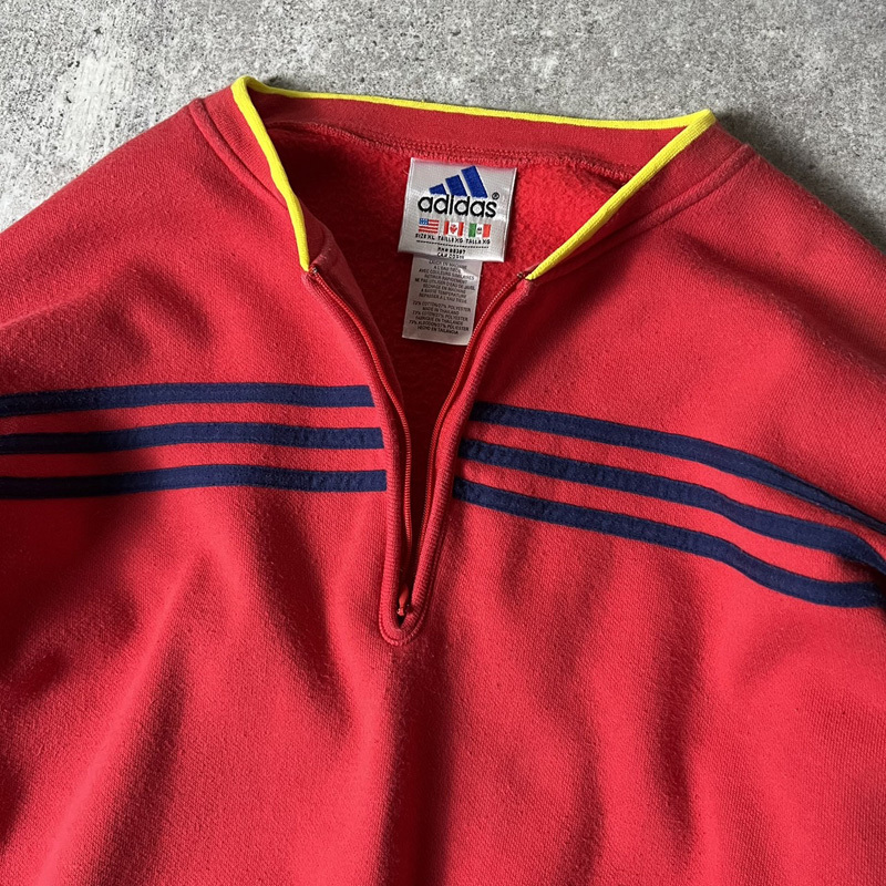 90s adidas 3ストライプ ハーフジップ スウェット トレーナー XL / 90年代 オールド アディダス レッド パフォーマンス ロゴ_画像3