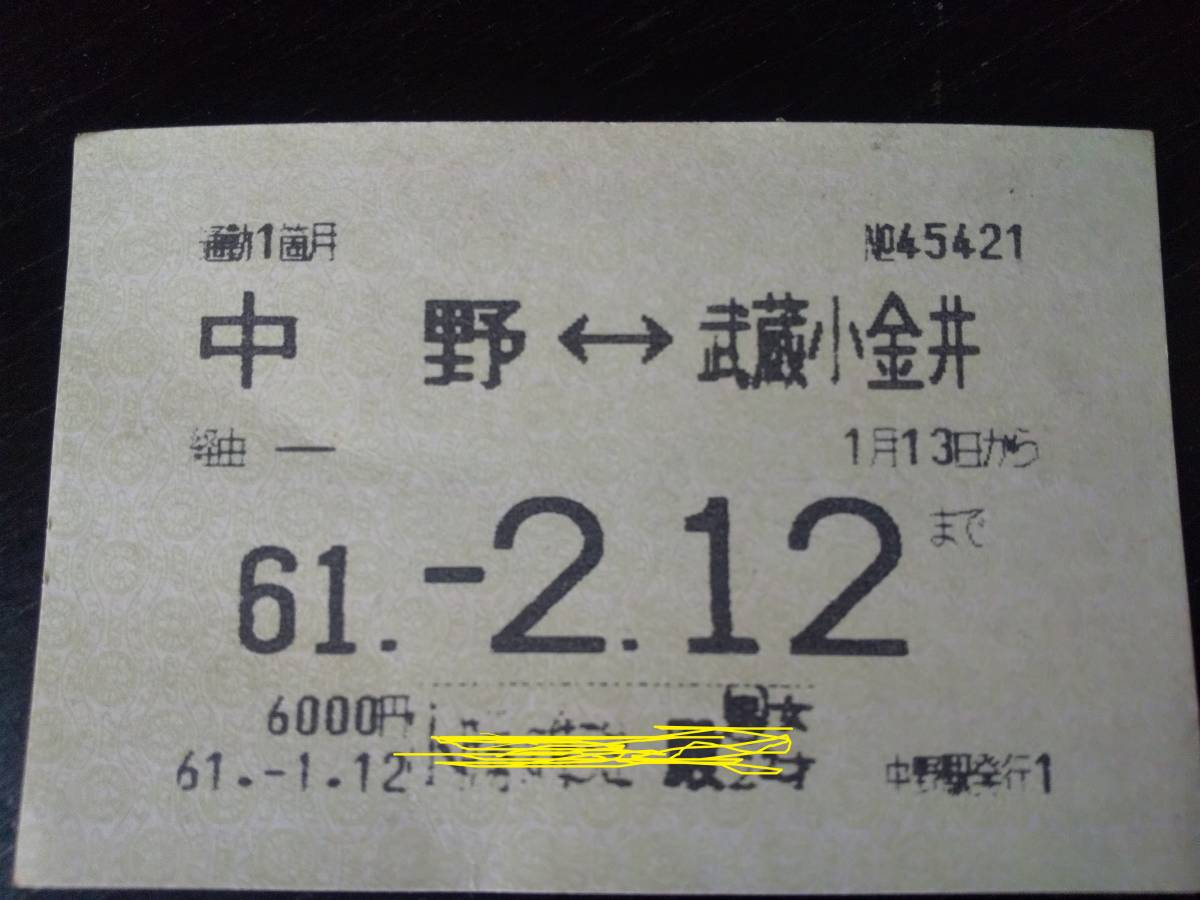 使用済み定期券　中野←→武蔵小金井　昭和61年　国鉄_画像1