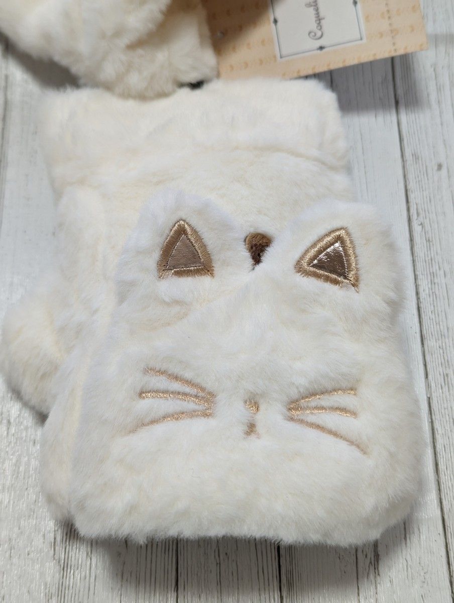 レディース 手袋 ふわふわ 白 ネコ  ミトン フィンガーレス かわいい モコモコ ホワイト