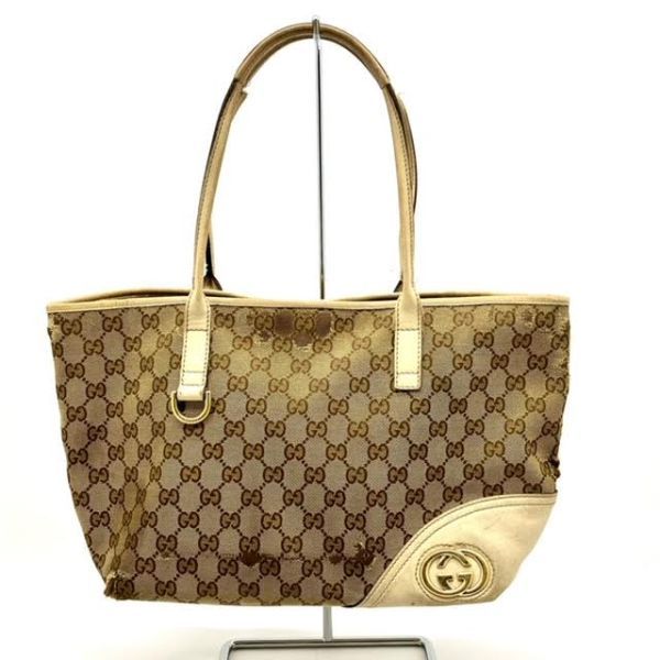 仙36 GUCCI 169946 001013 トートバッグ ハンドバッグ ニューブリット GG柄 ベージュ系 グッチ シェリーライン 手提げ 肩掛け鞄_画像1