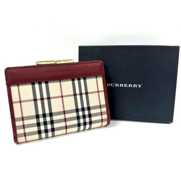 仙16 BURBERRY ノバチェック 財布 ボルドー 二つ折り バーバリー 箱付 レディース がま口 キャンバス ウォレット_画像1