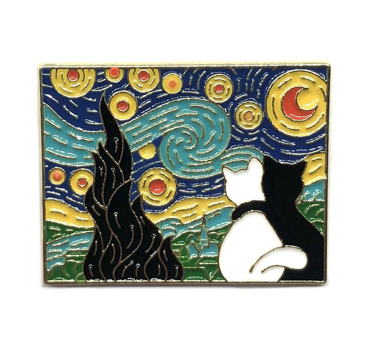白黒猫ゴッホ星月夜ピンバッジ _画像1