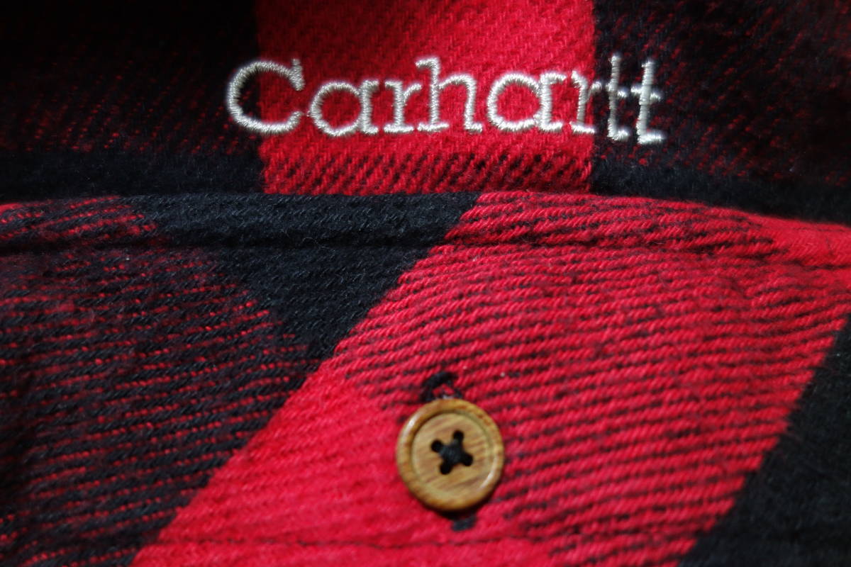 古着 90s Carhartt ヘビーウェイト ブロックチェック ネルシャツ 赤×黒 M / 刺繍 バッファローチェック カーハート ワーク ウッドボタン_画像4