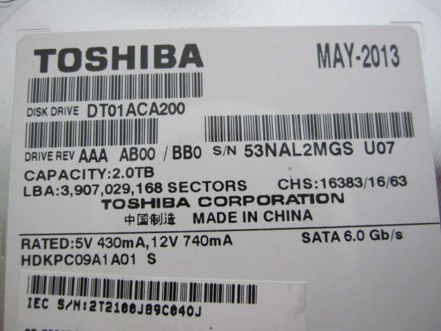 TOSHIBA 3.5インチ SATA HDD 2TB 　 DT01ACA200 動作品_画像2