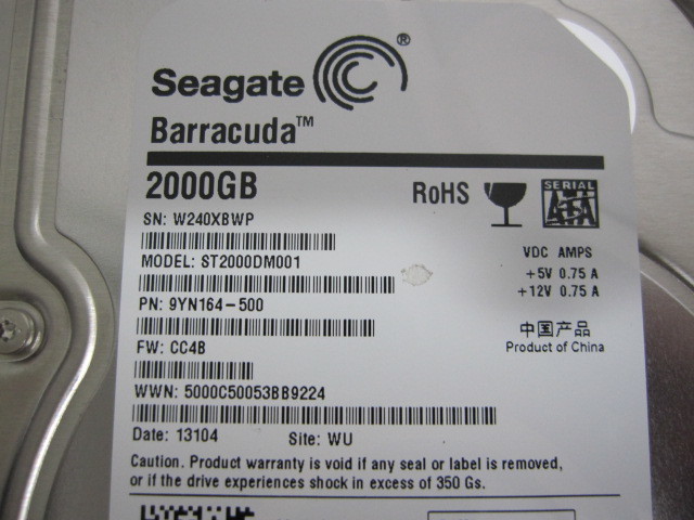 NO.BWP Seagate 3.5インチ SATA HDD 2TB 　 ST2000DM001 動作品_画像2