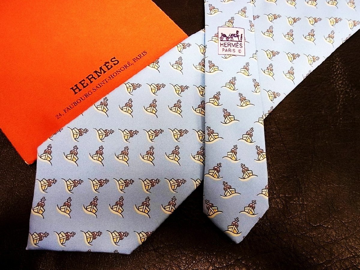 ★並品★4R01593【HERMES】エルメス「船 乗り物 人 柄」ネクタイ