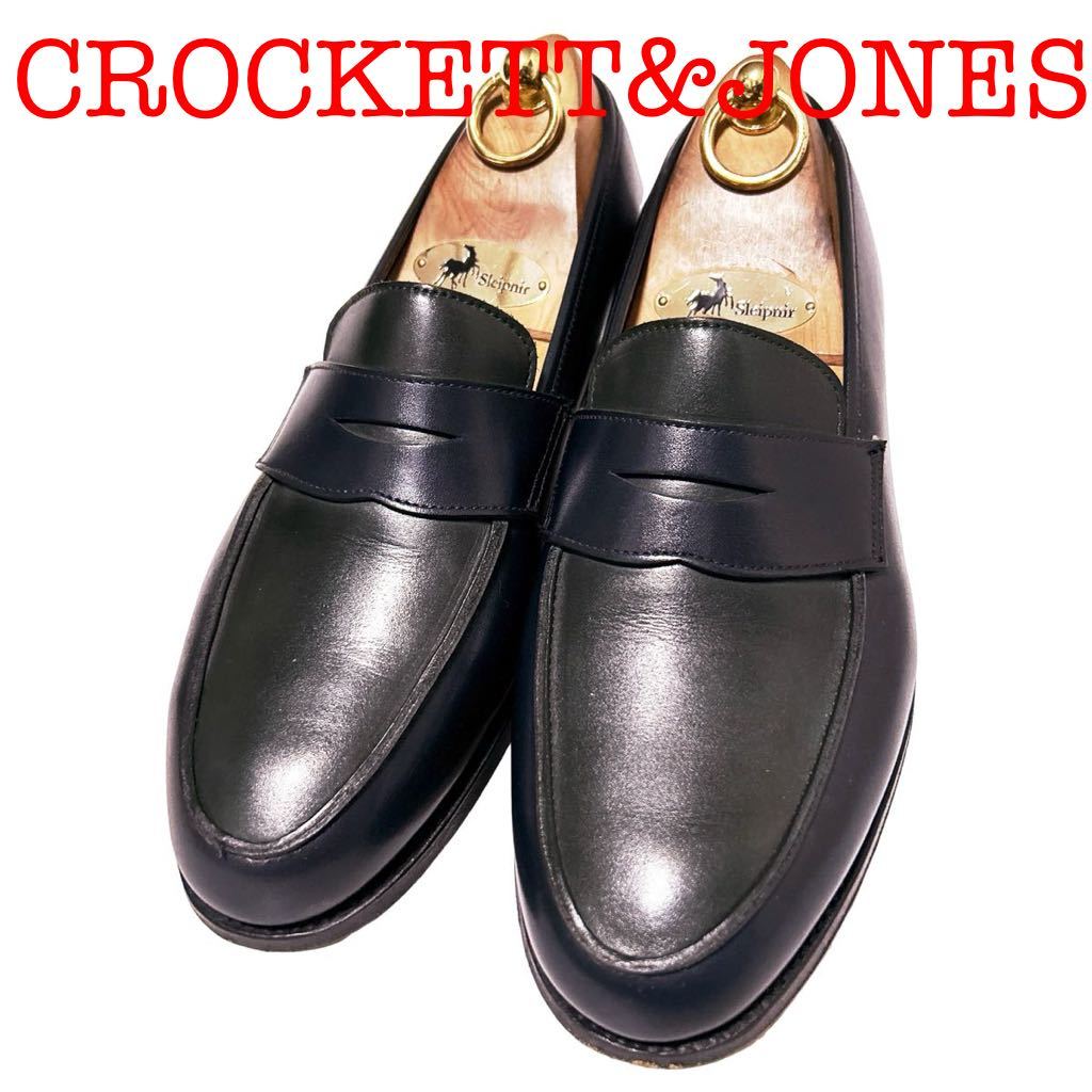 246.CROCKETT&JONES クロケットアンドジョーンズ STOCKTON2 コインローファー ペニーローファー レザーシューズ ダークネイビー 6.5E_画像1