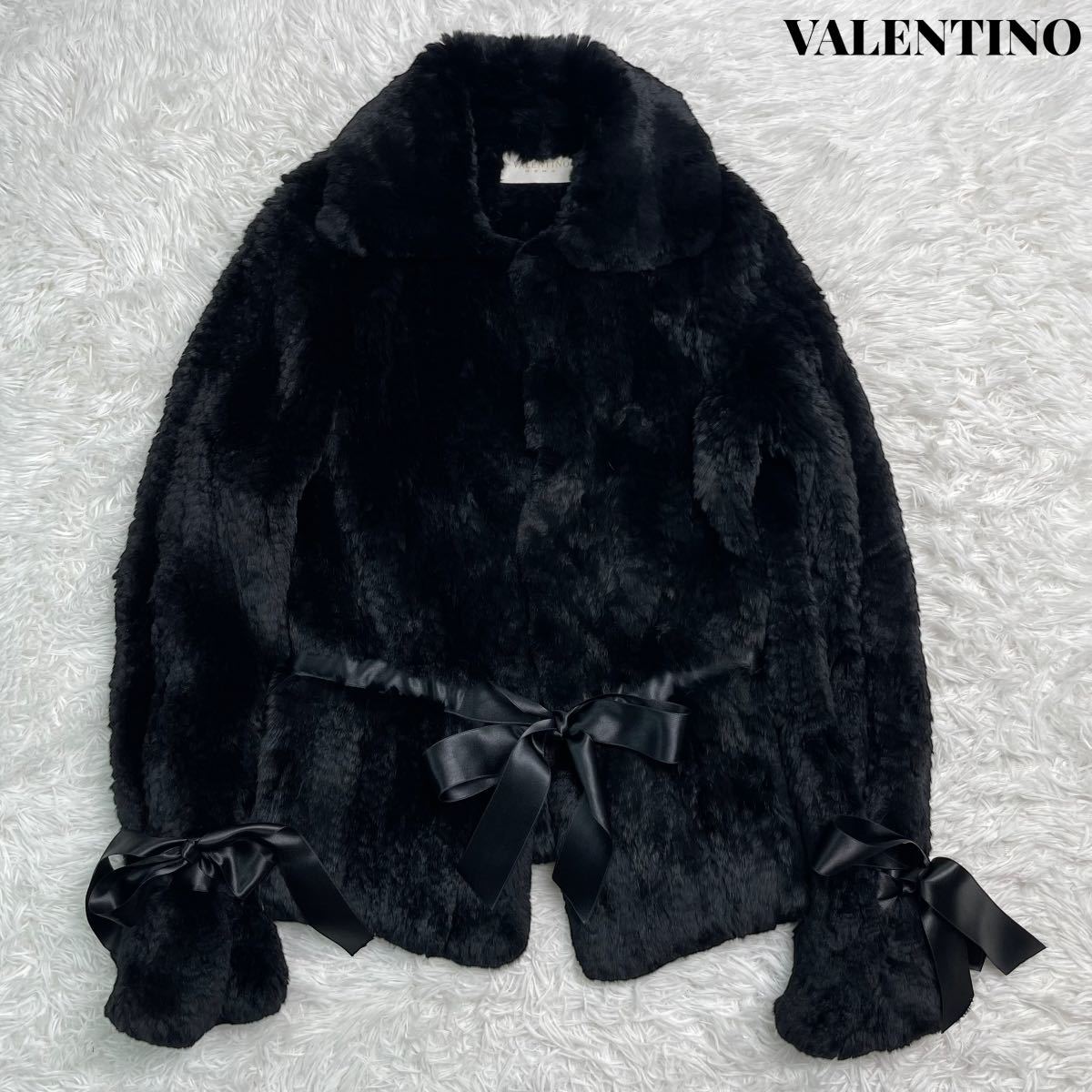 【美品】VALENTINO ROMA ヴァレンティノ ローマ ラビット ファー リボン ジャケット コートブラック 高級
