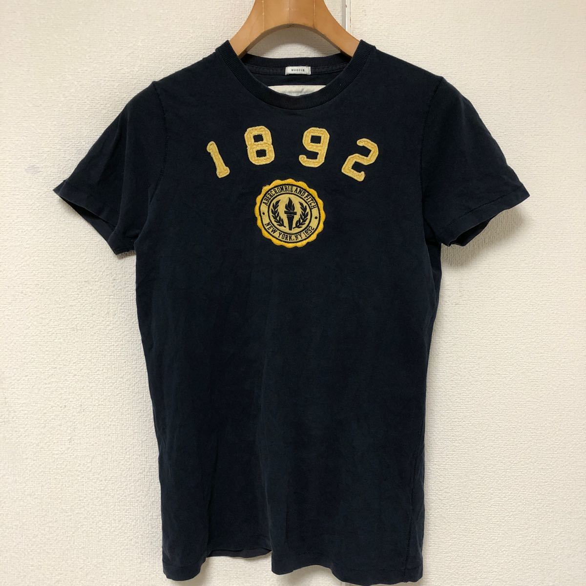 アバクロンビー&フィッチAbercrombie & Fitch ビンテージ加工ワッペン 刺繍TシャツM 袖裾シングルステッチの画像3