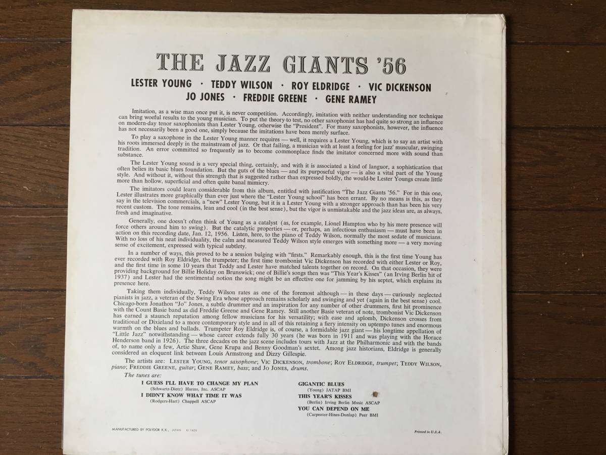 Lester Young / The Jazz Giants 56 / T.Wilson、R.Eldridge、V.Dickenson、J.Jones、F.Green、G.Ramey / Verve MV2511 LP！美盤_画像2