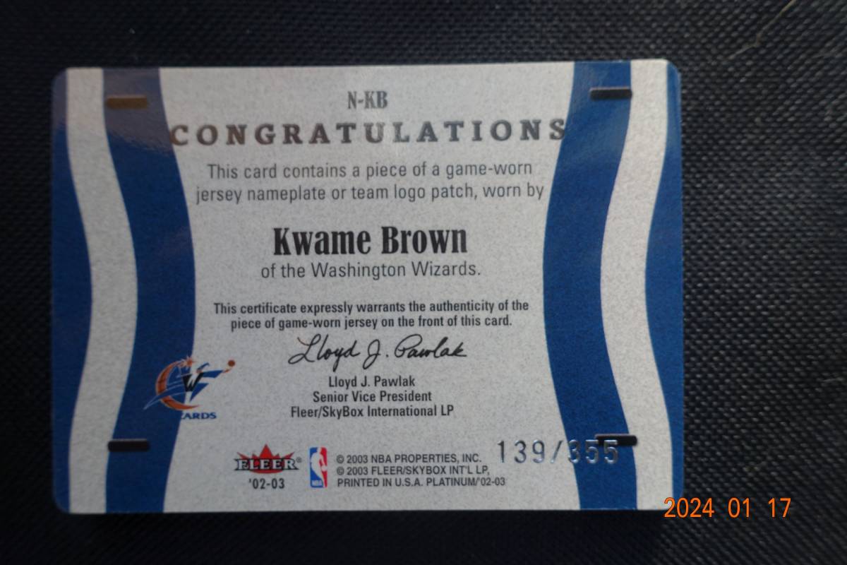 Kwame Brown 2002-03 Fleer Platinum Nameplates #139/355_画像2