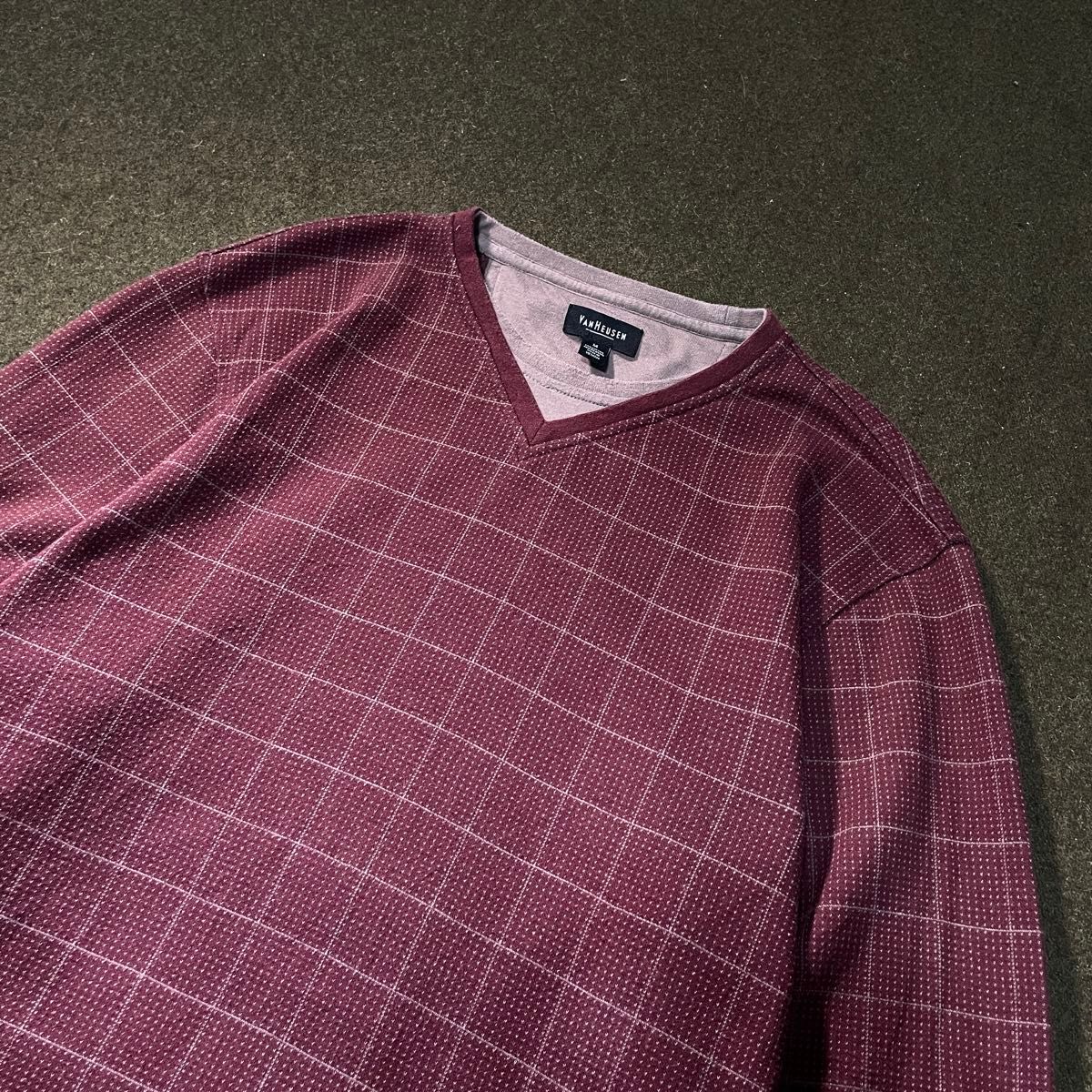 90s- VAN HEUSEN 前V 格子チェック　ロングTシャツ　M